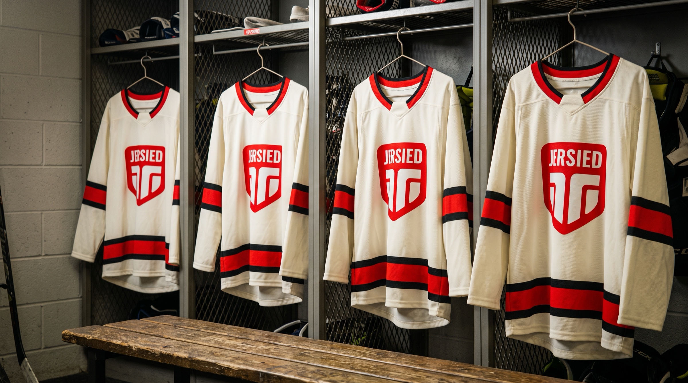 Row of matching Jersied jerseys hanging in locker stalls