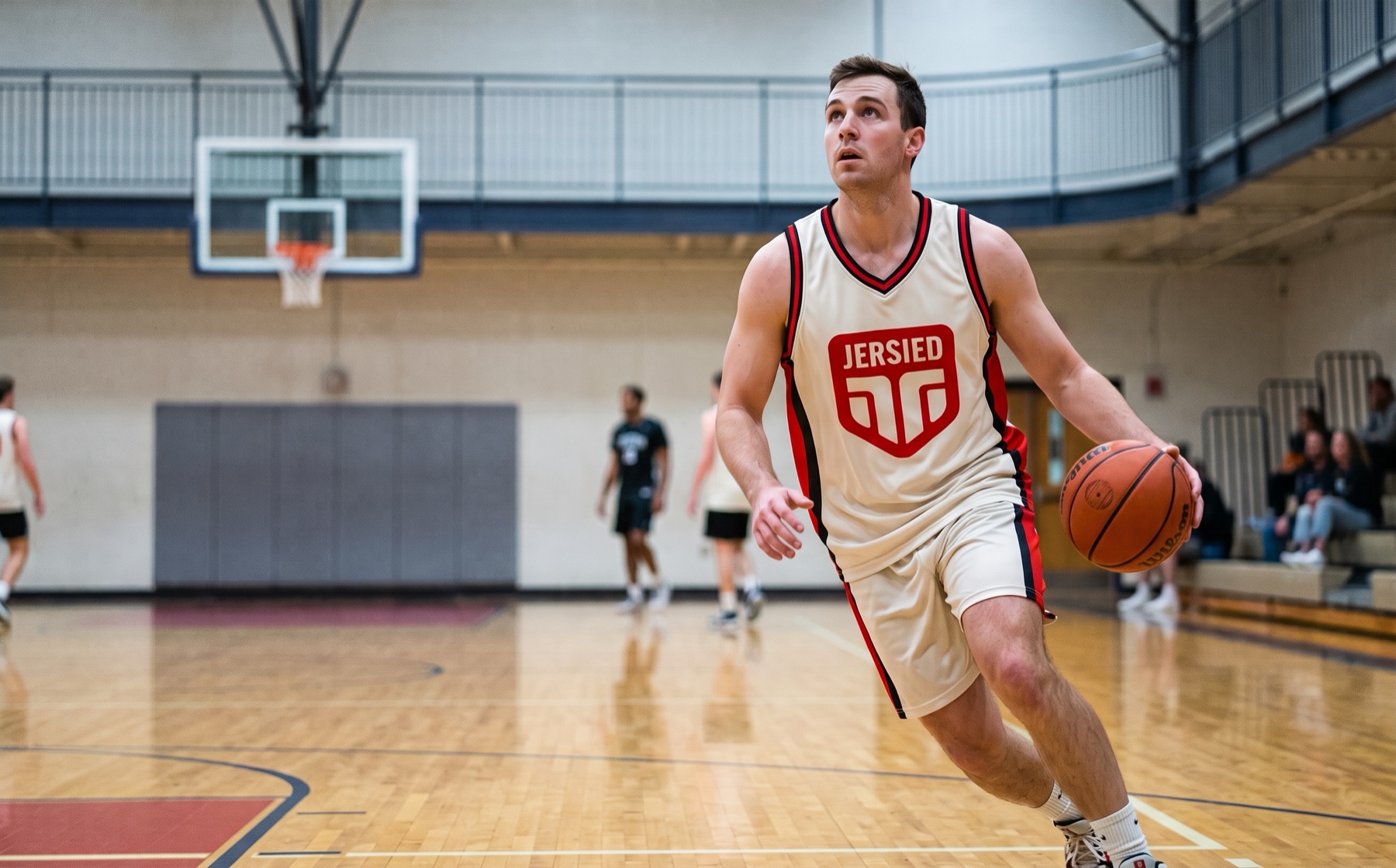 Basketball player dribbling up the court in a cream Jersied jersey